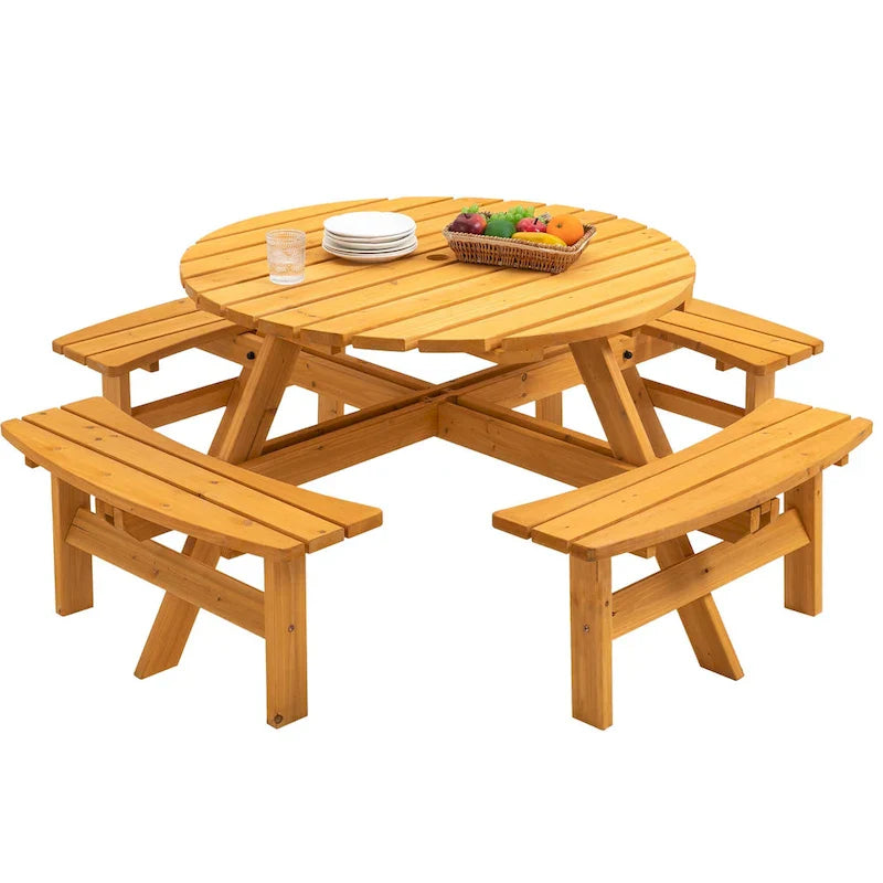 Conjunto de refeições redondo para piqueniques no exterior, em madeira de abeto, para 8 pessoas, com 4 bancos integrados e orifício para guarda-sol