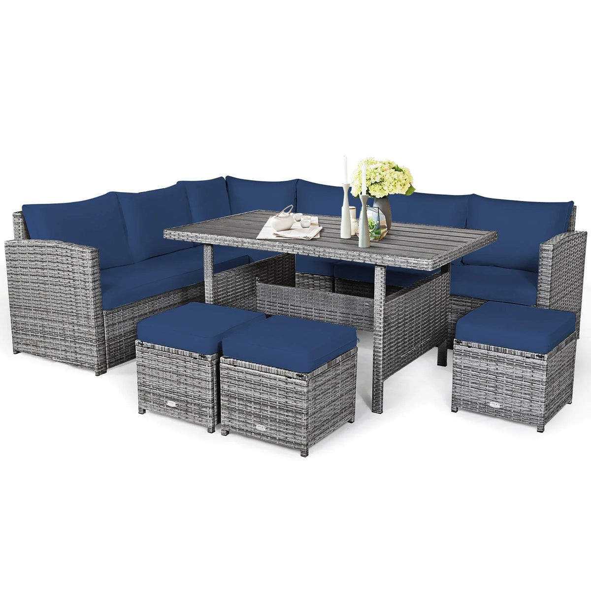 Costway 7-teiliges Dining-Set aus Polyrattan für die Terrasse mit Ecksofa, Couch und Hocker – Details anzeigen