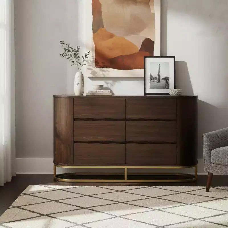 Moderner Schrank mit 6 Schubladen, Baumkanten-Design, Metallgestell und robuster Konstruktion aus Mischholz