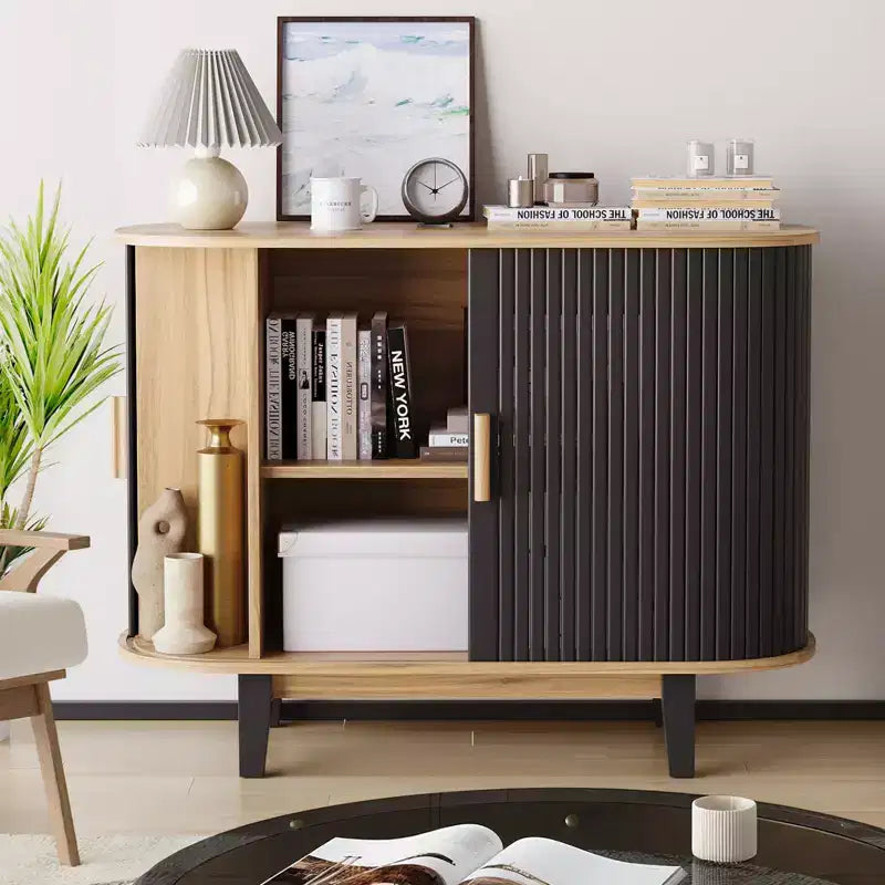 Buffet à façade cannelée de 40 po, meuble de rangement avec porte coulissante et étagère réglable, meubles de rangement modernes de type crédence, console de bar à tambour