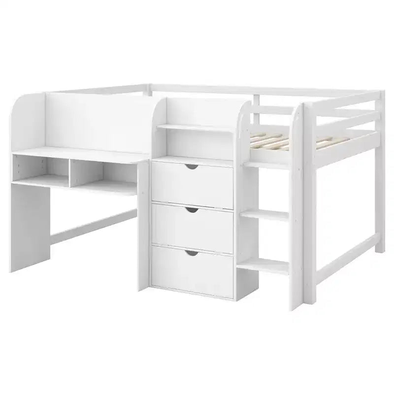 Letto rialzato basso rosa/bianco con scrivania, spazio contenitore e lavagna bianca -C singolo, 1 persona
