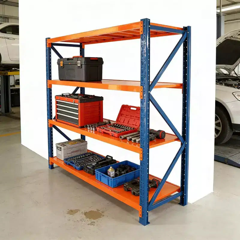 VIYET robuste Garagenregale, 4 Ebenen, verstellbare Metallregale mit 4400 lbs Tragfähigkeit, blau-orangefarbene industrielle Aufbewahrung für Gewerbe, Werkzeuge und Fitnessstudio