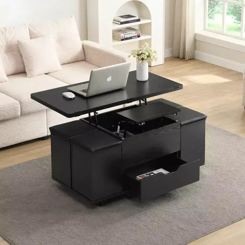 Mesa de centro moderna multifunções com tampo elevável, arrumação oculta, 4 bancos e rodízios, perfeita para espaços de estar modernos