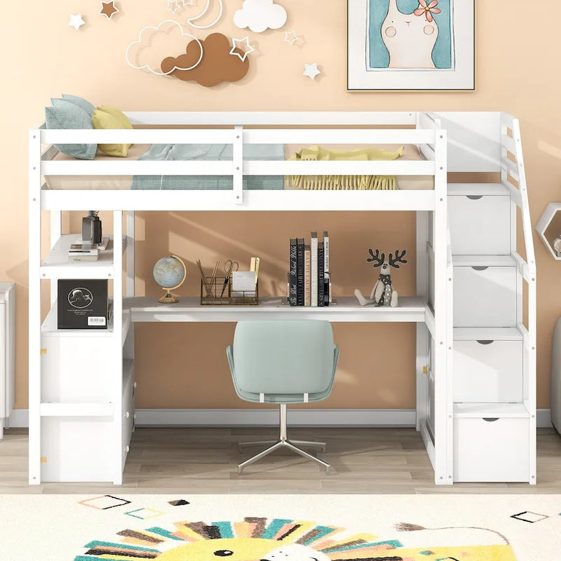 Letto a soppalco singolo con scrivania e mensole, due cassetti integrati e scala contenitore