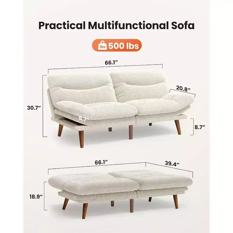 Cord-Schlafsofa mit 168 cm Breite, verstellbarer Rückenlehne und Armlehnen, geeignet für kleine Räume, Wohnzimmer oder Büros, als Futonsofa