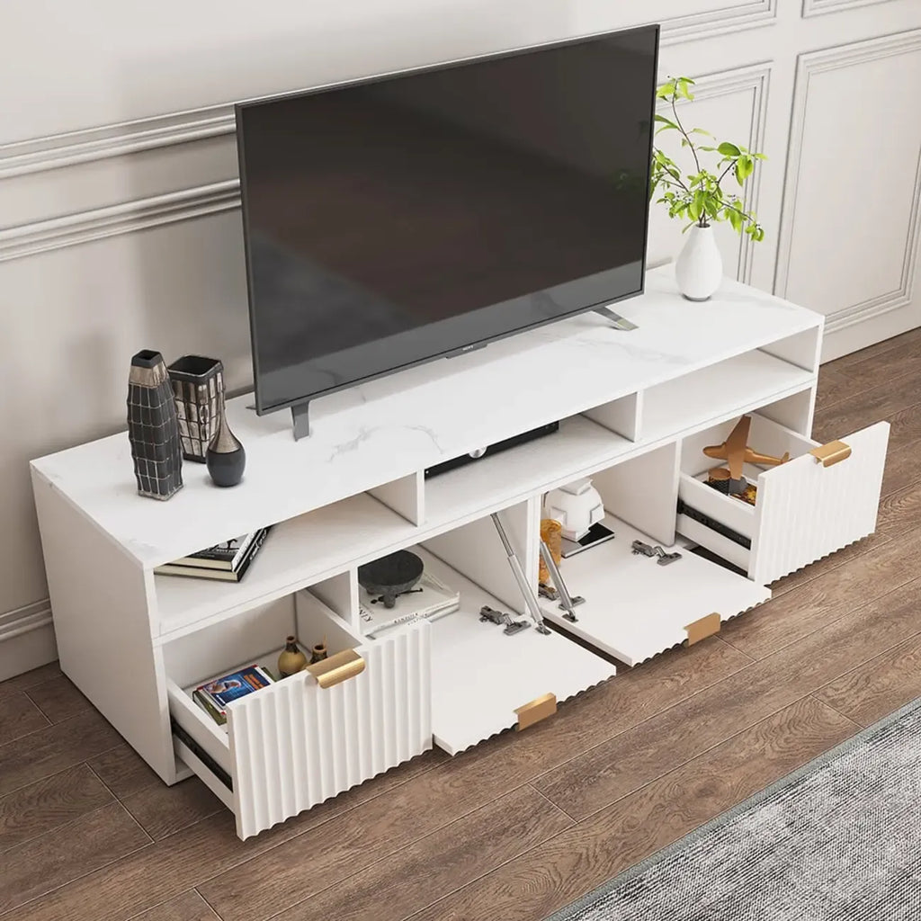 Mobile TV angolare moderno bianco con 2 cassetti e vani portaoggetti aperti