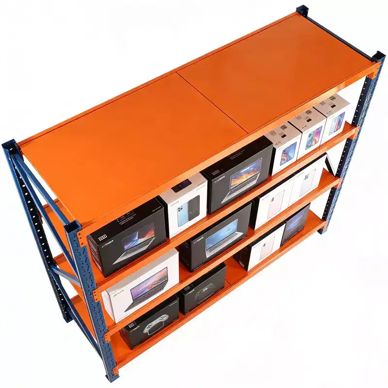 VIYET robuste Garagenregale, 4 Ebenen, verstellbare Metallregale mit 4400 lbs Tragfähigkeit, blau-orangefarbene industrielle Aufbewahrung für Gewerbe, Werkzeuge und Fitnessstudio