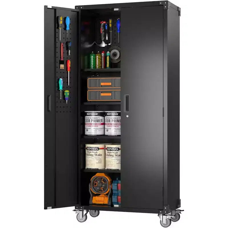 Armoire de rangement de garage à roulettes avec panneau perforé, armoire métallique verrouillable de 72 pouces de hauteur avec 2 portes et 4 étagères réglables pour atelier de garage