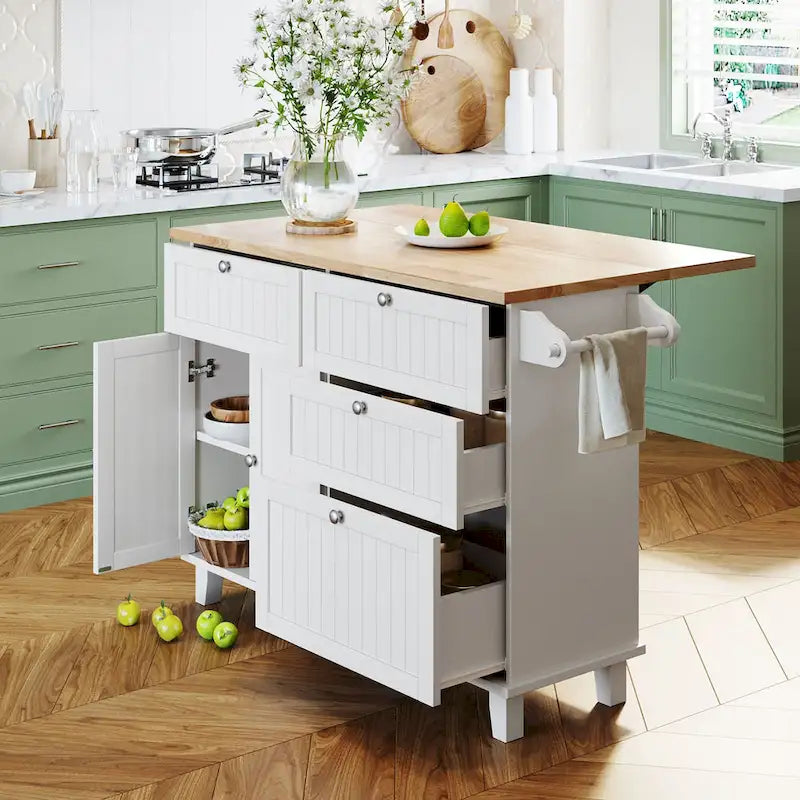Ensemble îlot de cuisine TOPMAX avec rallonge rabattable et 2 places assises, ensemble table à manger avec étagère réglable, tiroirs et porte-serviettes