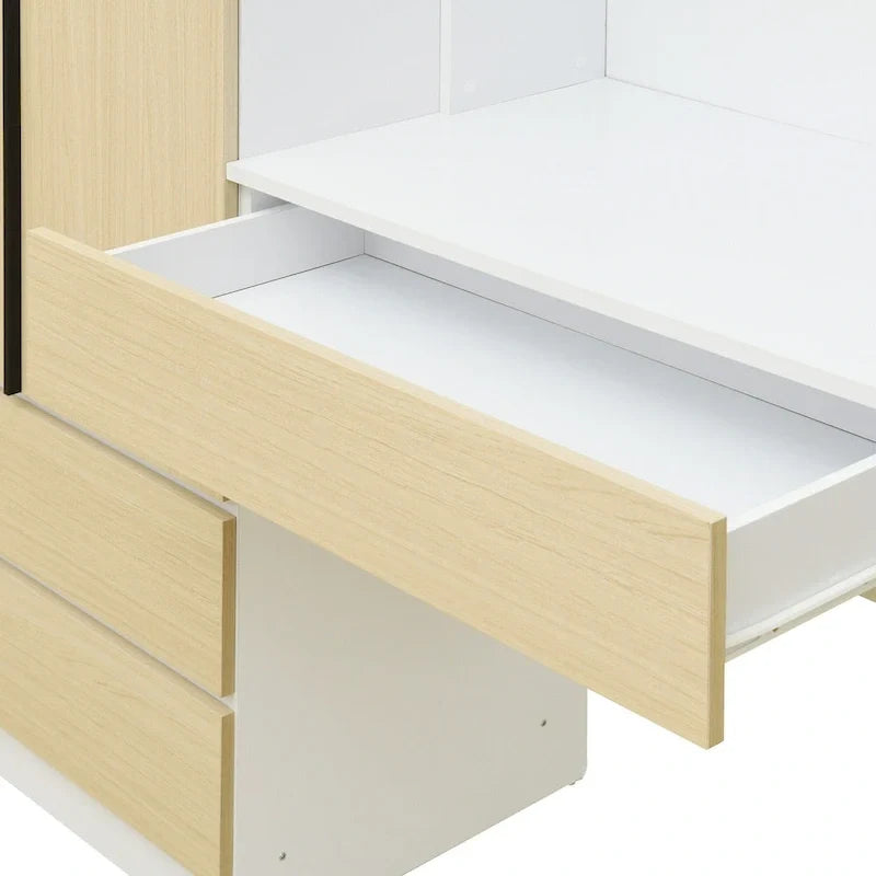 3-in-1-Kleiderschrank mit Schminktisch, Schreibtisch-Set, Schlafzimmerschrank mit 2 Schubladen, 3 Türen und Stauraum