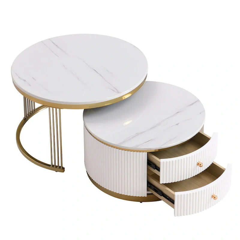Set di 2 tavolini da salotto rotondi bianchi sovrapponibili con cassetti