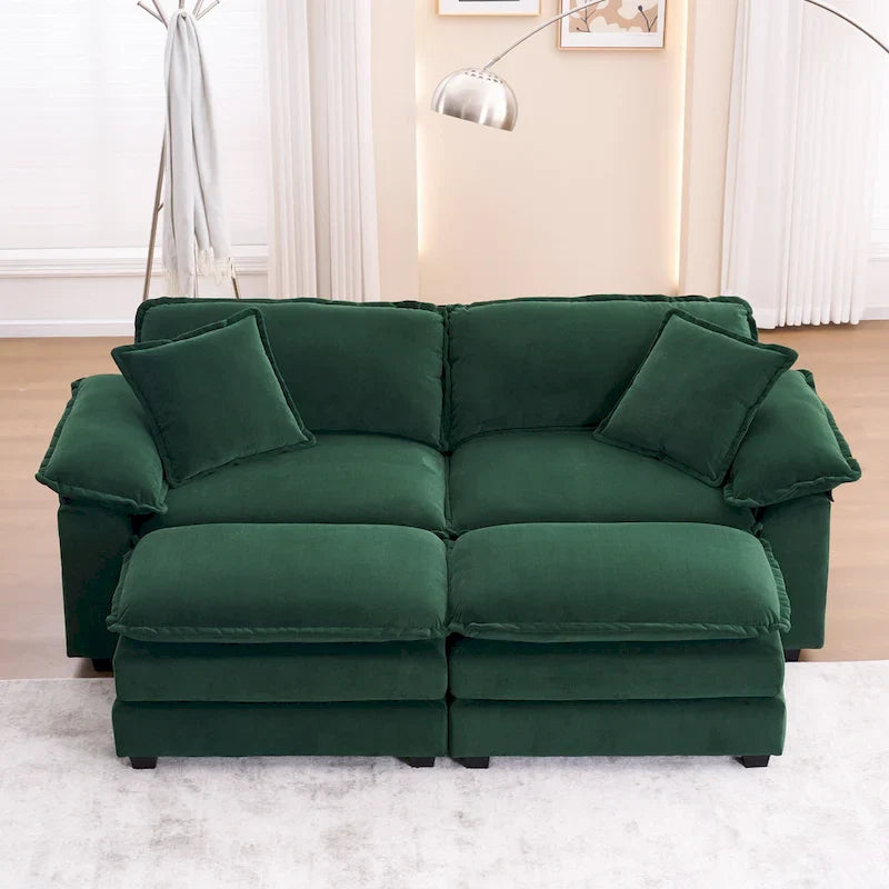 Zweisitzer-Sofa mit 2 Sitzkissen, 2 Kissen und 2 Hockern, bequemes Sofa – tiefes Wohnzimmer-Sofa, modulares Sofa