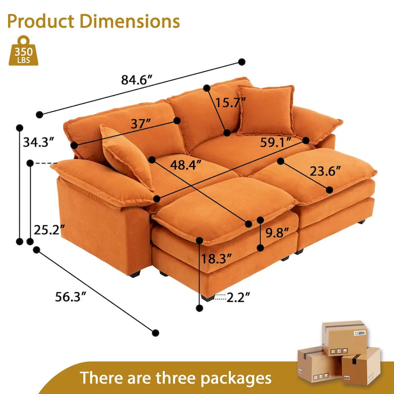Zweisitzer-Sofa mit 2 Sitzkissen, 2 Kissen und 2 Hockern, bequemes Sofa – tiefes Wohnzimmer-Sofa, modulares Sofa