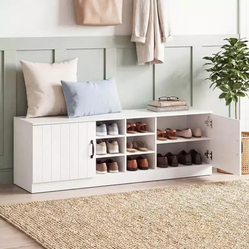 Banc à chaussures à 2 portes avec étagères réglables et espace de rangement dissimulé, naturel + blanc/Whi5te