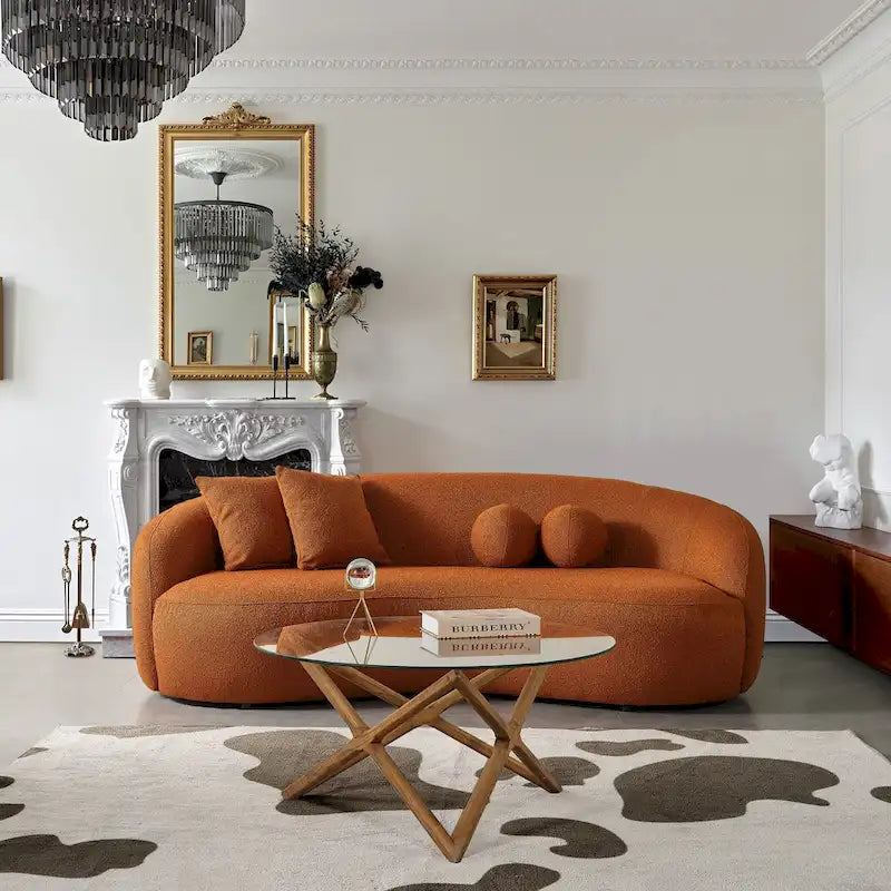 Sofá curvo Blaine de estilo Japandi, moderno e luxuoso, em tecido bouclé