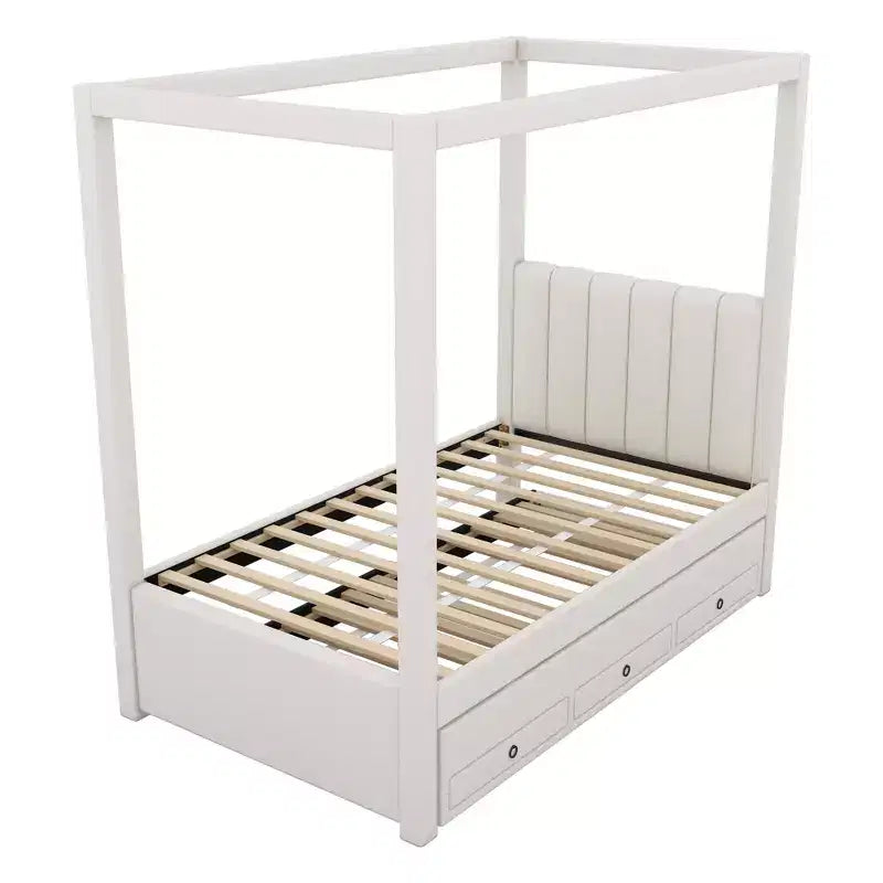 Cama de plataforma com dossel estofada em linho, tamanho de casal, com cama auxiliar e três gavetas de arrumação