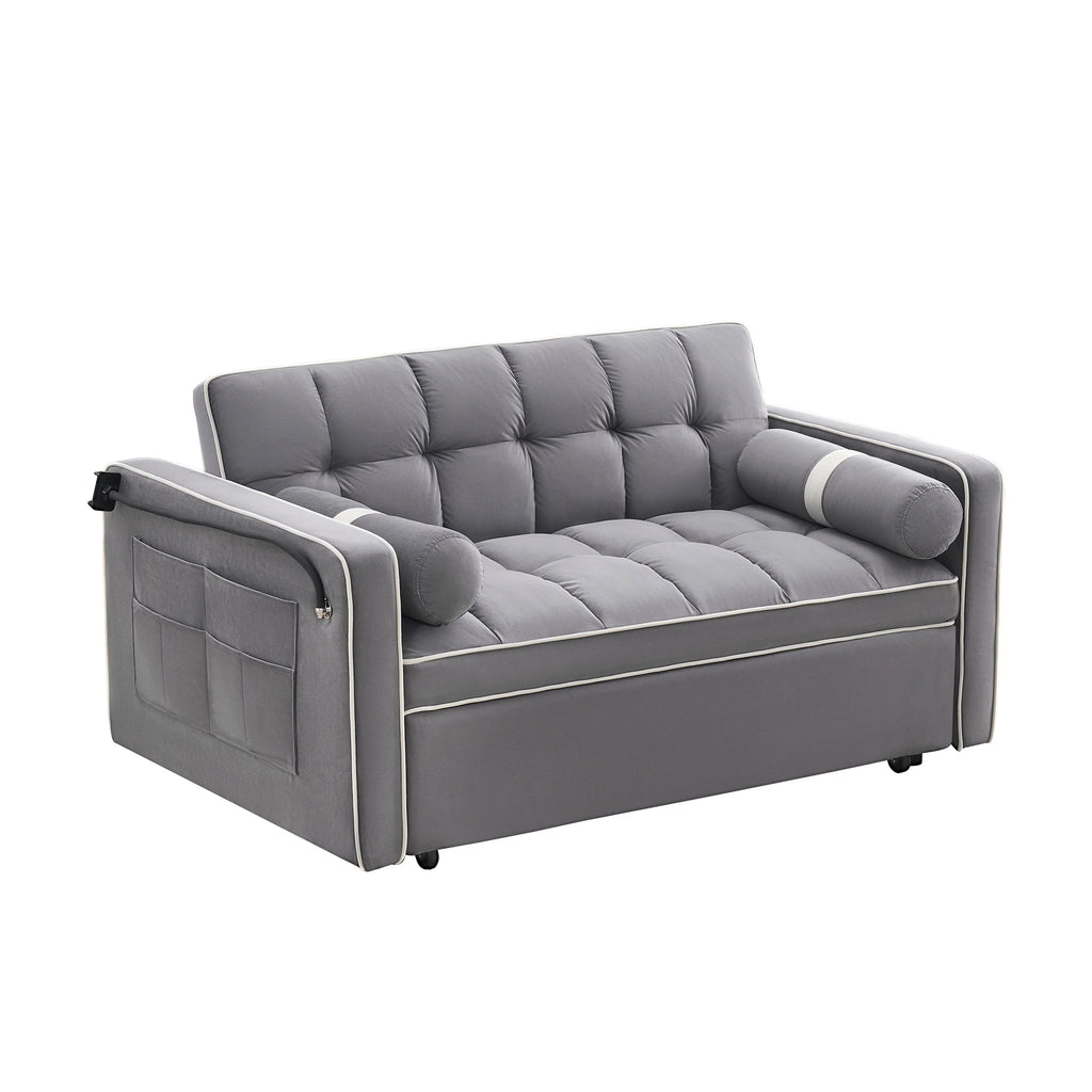 Sofá-Cama Convertível de Veludo para 2 Pessoas, com 55', Cama Extensível, Encosto Reclinável Ajustável, Bolsos Laterais e Suporte para Telemóvel