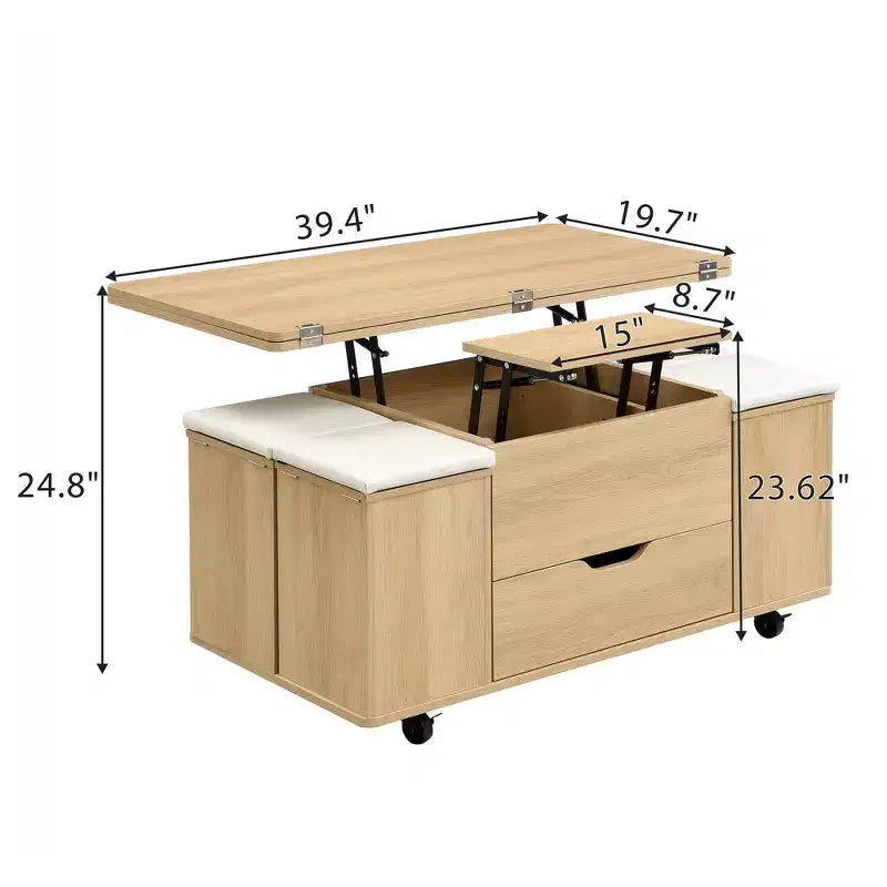 Mesa de centro moderna multifunções com tampo elevável, arrumação oculta, 4 bancos e rodízios, perfeita para espaços de estar modernos