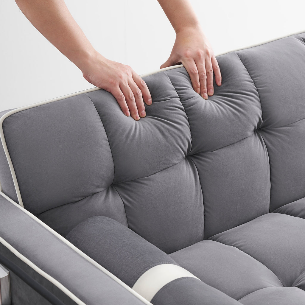 Sofá-Cama Convertível de Veludo para 2 Pessoas, com 55', Cama Extensível, Encosto Reclinável Ajustável, Bolsos Laterais e Suporte para Telemóvel
