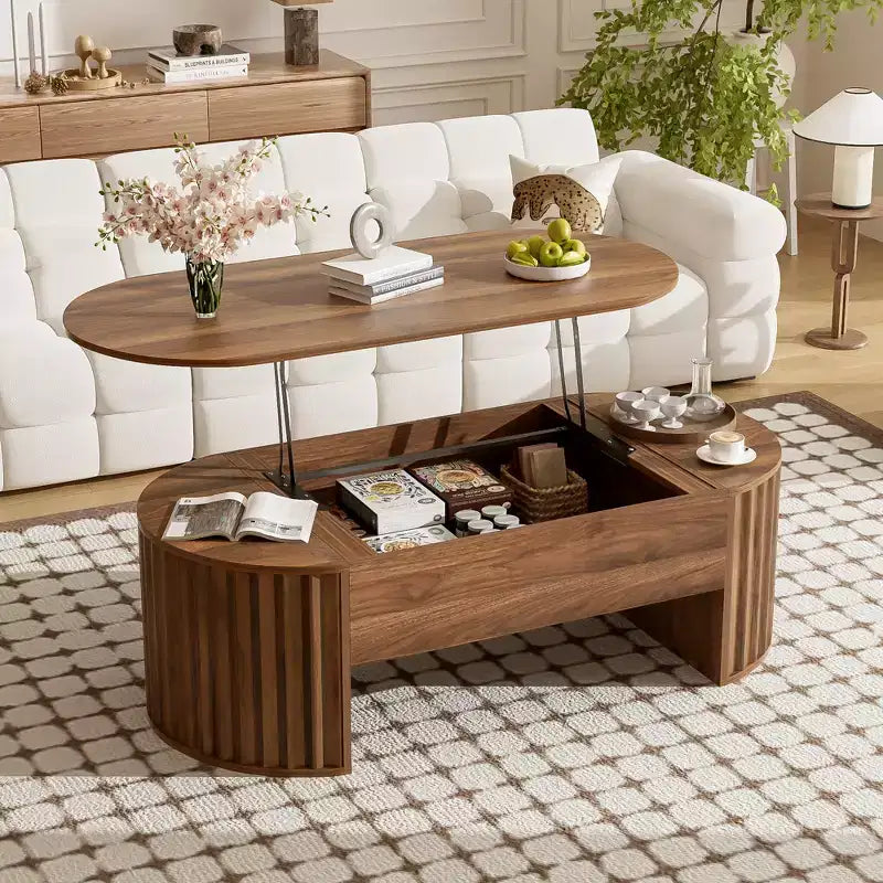 47,2-Zoll-Couchtisch mit Liftfunktion und verborgenem Fach, oval, braun