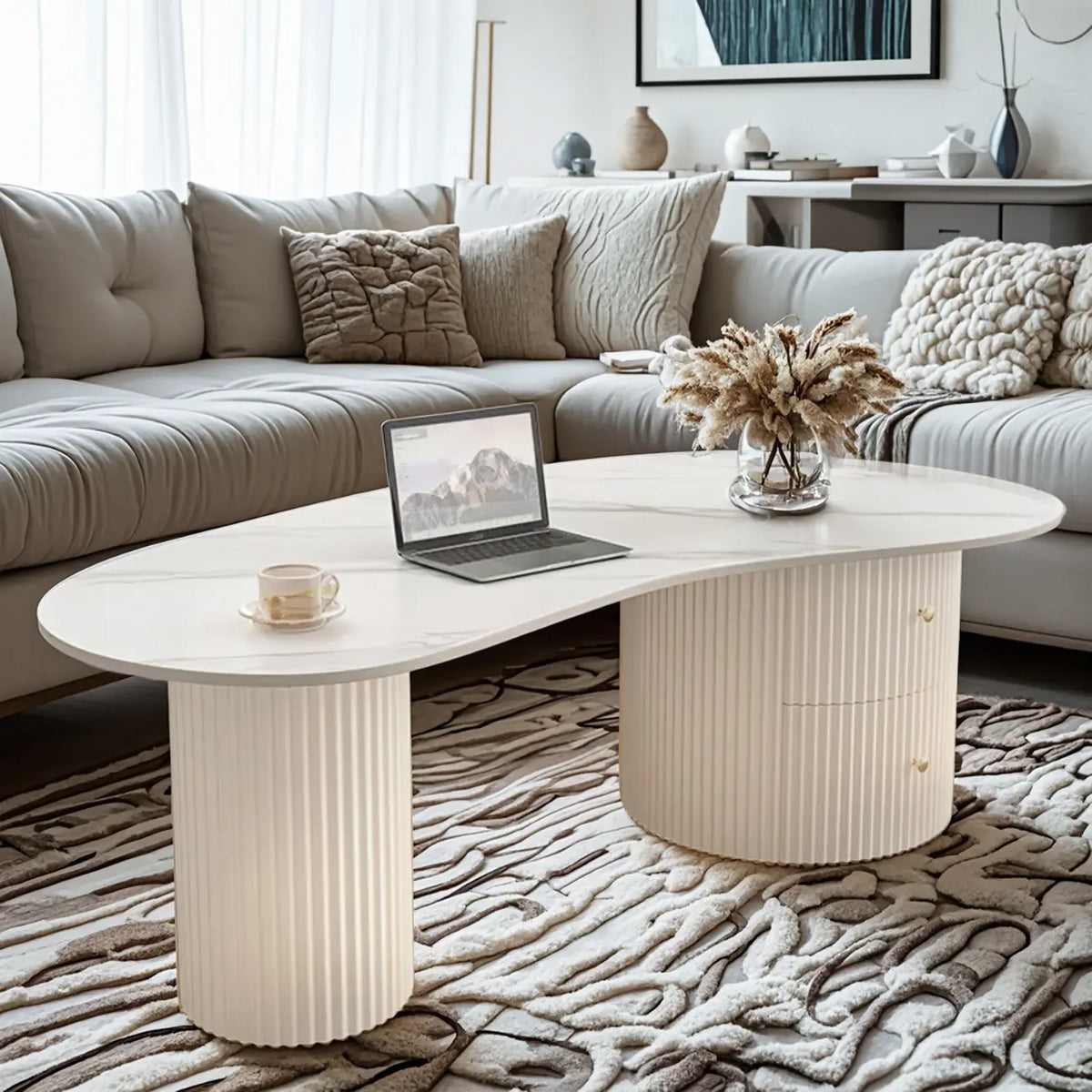 Minimalistischer ovaler Standard-Couchtisch in Weiß mit 2 Schubladen