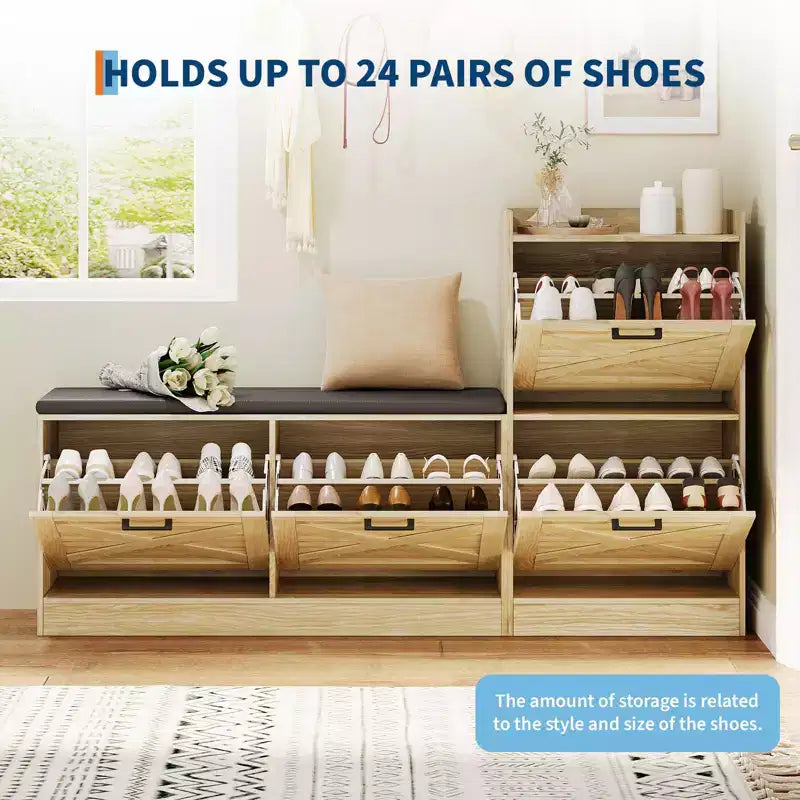 Schuhschrank im Landhausstil, hölzerne Sitzbank für den Eingangsbereich mit 4 Klappschubladen, schmaler versteckter Schuhorganizer, freistehendes Schuhregal für Flur und Eingangsbereich