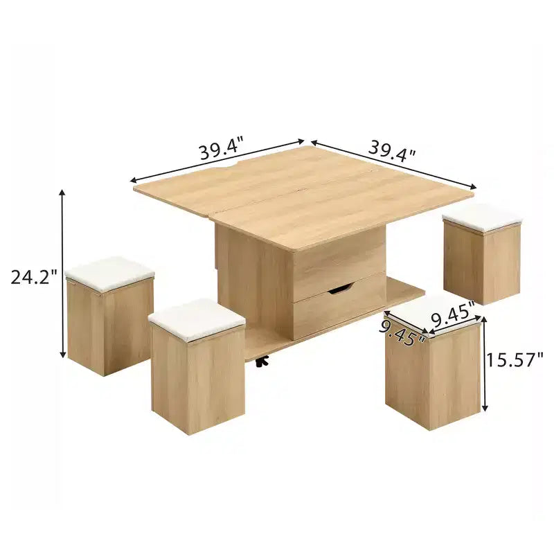 Mesa de centro moderna multifunções com tampo elevável, arrumação oculta, 4 bancos e rodízios, perfeita para espaços de estar modernos