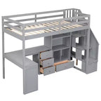 Hochbett in Twin-Größe mit L-förmigem Schreibtisch, 3 Schubladen, Schrank und Stauraum in der Treppe, Konstruktion aus massivem Kiefernholz/MDF
