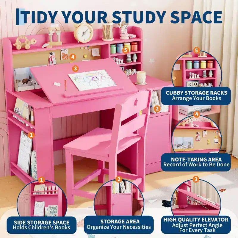 Ensemble bureau et chaise d’étude pour enfants avec rangement, bureau d’étude pour enfants avec dessus et plateau inclinable, de 3 à 8 ans, table d’écriture pour chambre