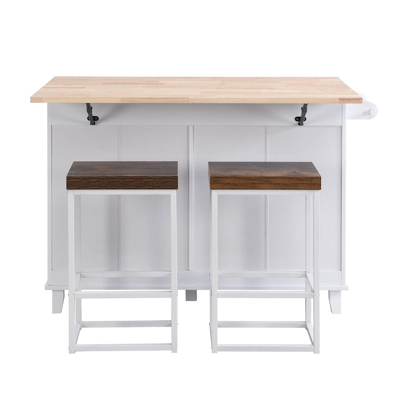 Ensemble îlot de cuisine TOPMAX avec rallonge rabattable et 2 places assises, ensemble table à manger avec étagère réglable, tiroirs et porte-serviettes