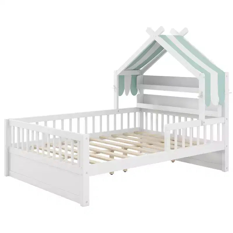 Cama-casa de madeira ModernLuxe para colchão individual/cama de casal com cabeceira com arrumação, estrutura de cama infantil em pinho maciço com grades de proteção