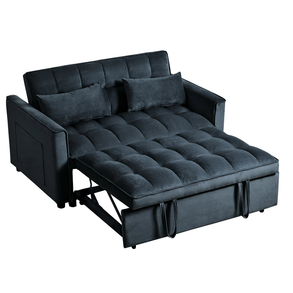 Nowoczesna rozkładana sofa z funkcją spania 3 w 1, regulowanym oparciem, aksamitnym dwuosobowym siedziskiem, poduszkami i kieszeniami bocznymi