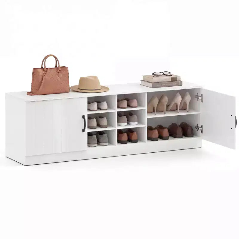 Banc à chaussures à 2 portes avec étagères réglables et espace de rangement dissimulé, naturel + blanc/Whi5te