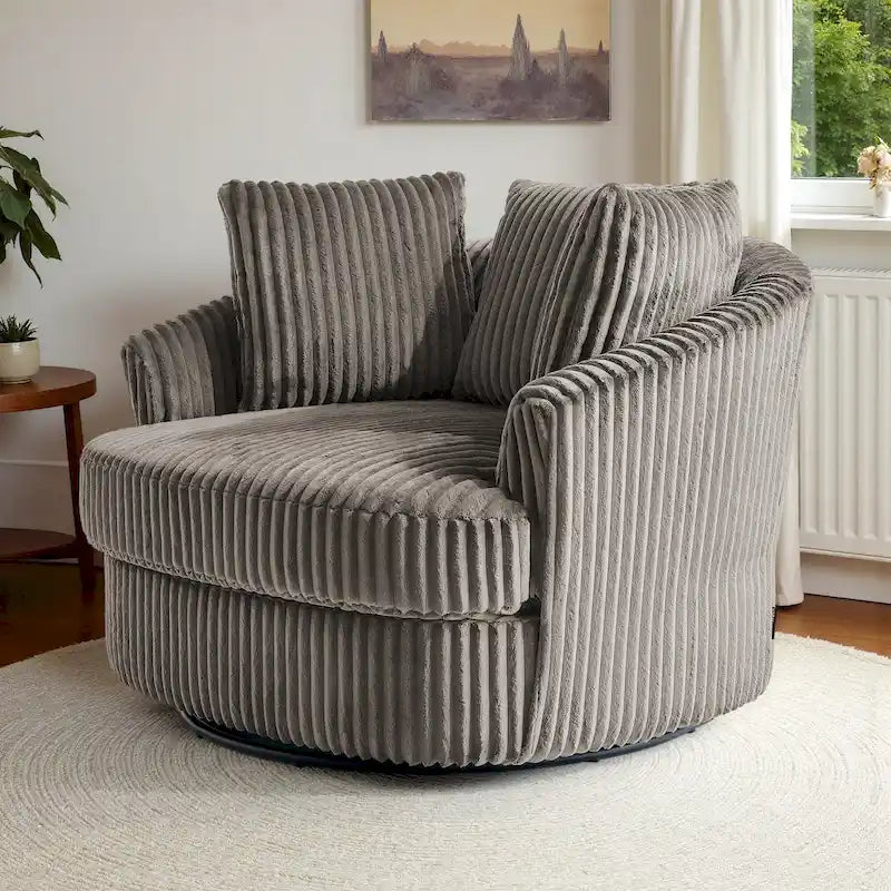 Fauteuil pivotant tonneau surdimensionné de 43 W en velours côtelé moelleux avec accoudoirs encastrés