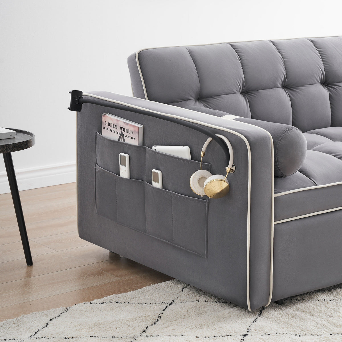 Sofá-Cama Convertível de Veludo para 2 Pessoas, com 55', Cama Extensível, Encosto Reclinável Ajustável, Bolsos Laterais e Suporte para Telemóvel