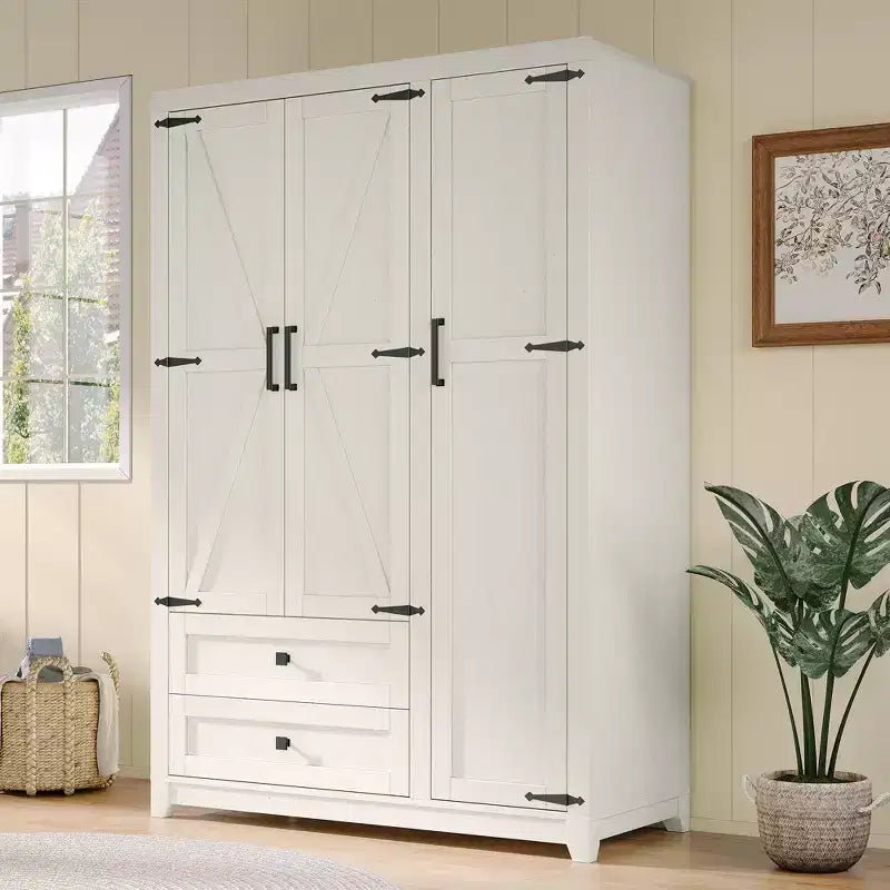 AMERLIFE 47-Zoll-Kleiderschrank im Landhausstil mit 3 Türen, 2 Schubladen, Kleiderstange und verstellbaren Regalen, freistehender Kleiderschrank-Organizer