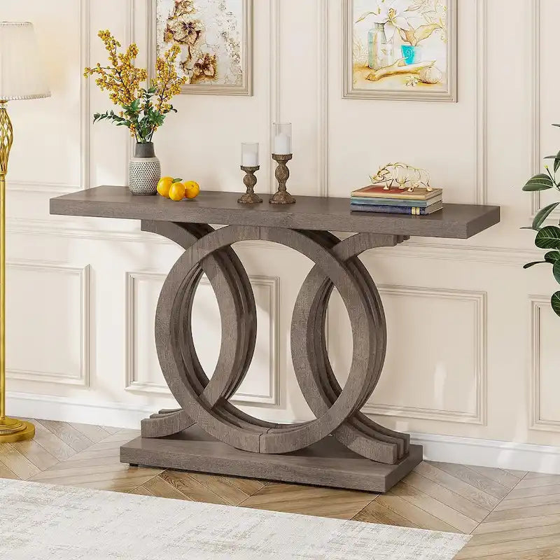 Mesa de consola vintage com base geométrica, mesa de madeira para corredor