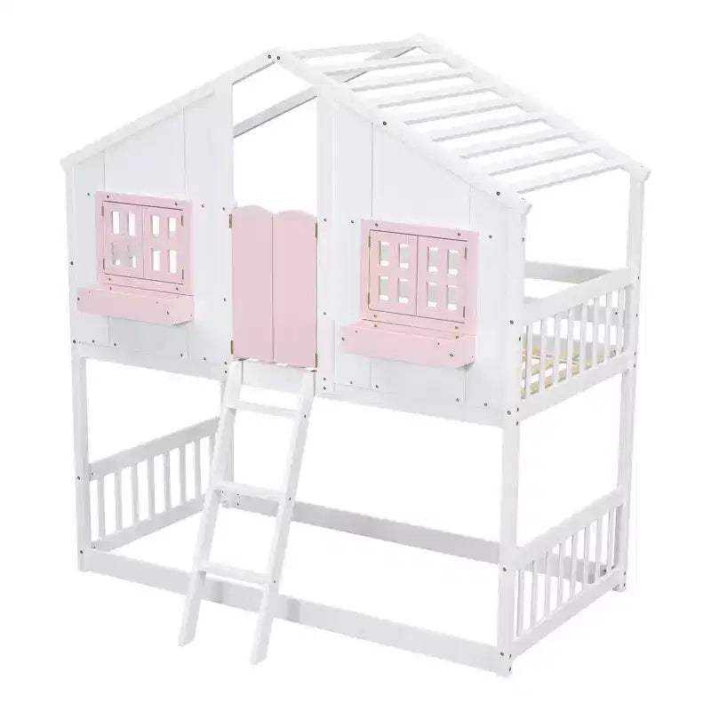 Cama alta de tamanho Twin em forma de casa, cama alta de madeira tipo casinha com escada e barreiras de proteção para crianças