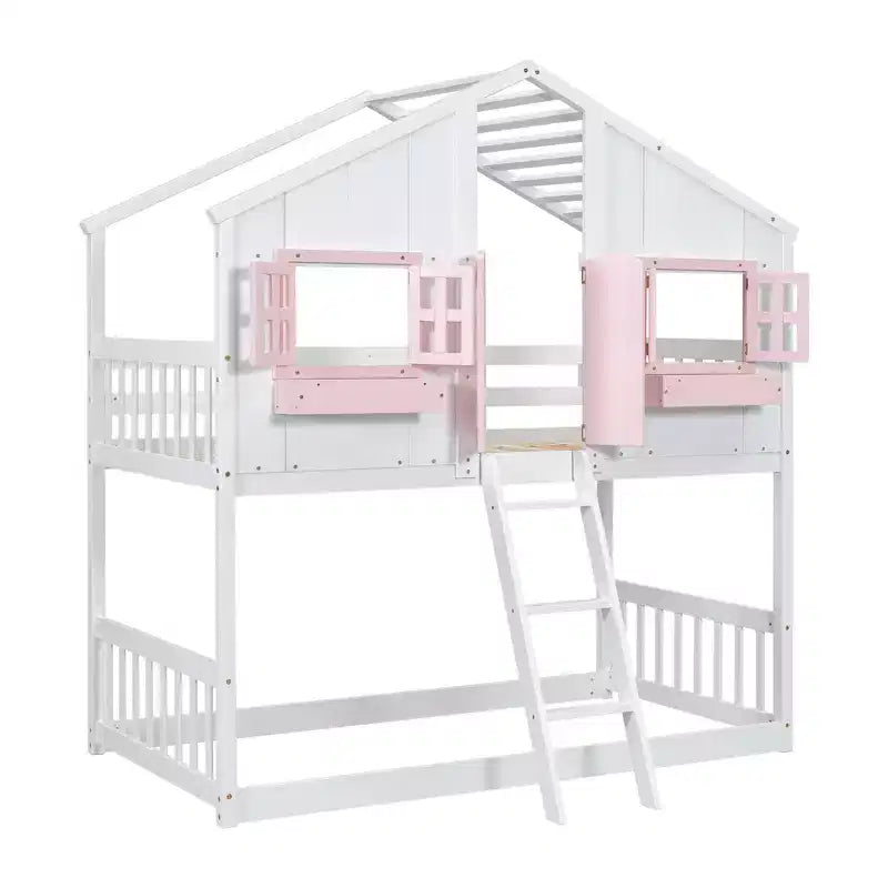 Cama alta de tamanho Twin em forma de casa, cama alta de madeira tipo casinha com escada e barreiras de proteção para crianças
