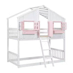 Cama alta de tamanho Twin em forma de casa, cama alta de madeira tipo casinha com escada e barreiras de proteção para crianças