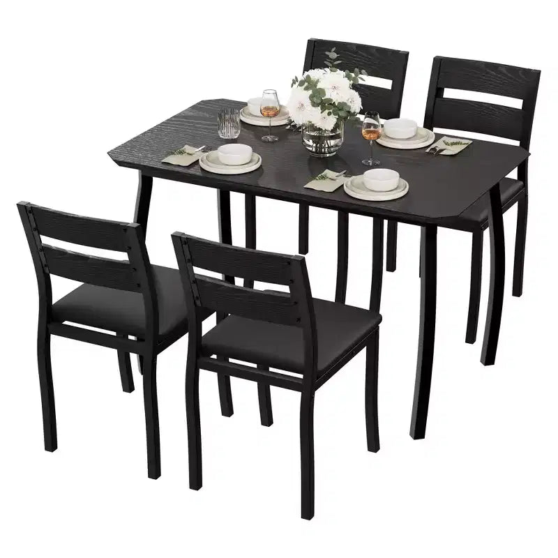 Ensemble table et chaises de cuisine à structure métallique en 5 pièces, avec design chanfreiné