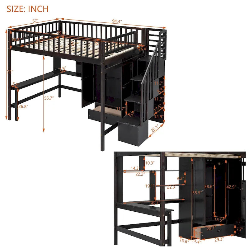 Lit mezzanine double en pin avec bureau et rangement