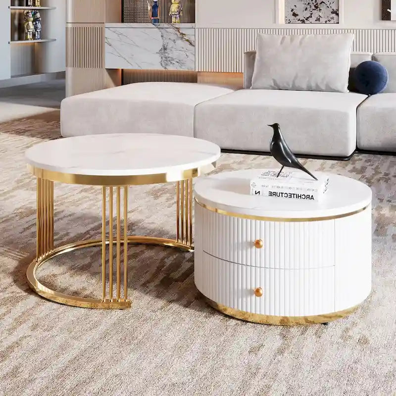 Set di 2 tavolini da salotto rotondi bianchi sovrapponibili con cassetti