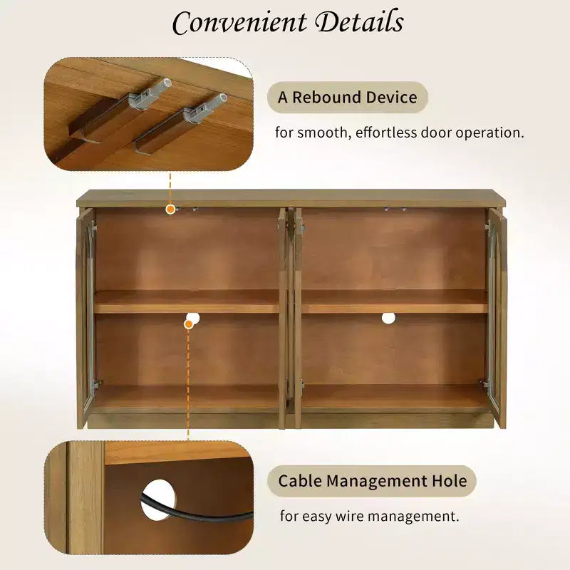 Großes Buffet-Sideboard mit 4 Türen und Glastüren, gewölbter Schrank mit verstellbaren Einlegeböden für die Küche