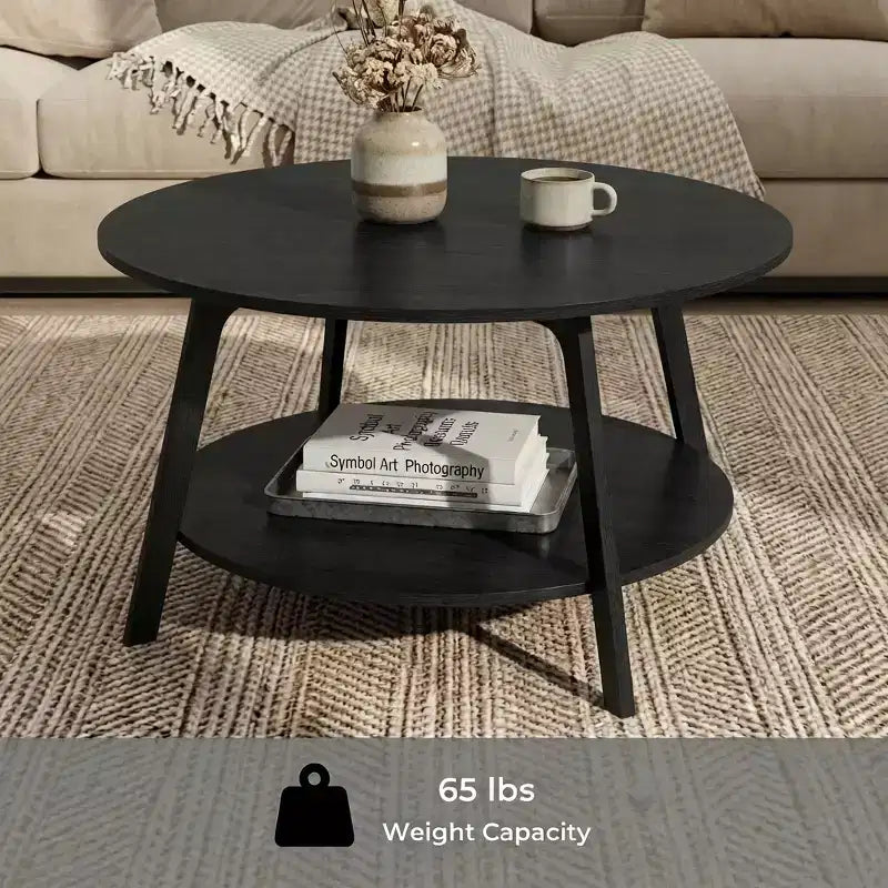 Medově hnědý kulatý konferenční stolek se dvěma úrovněmi úložného prostoru, rozměry 80 x 45 cm, ideální do obývacího pokoje