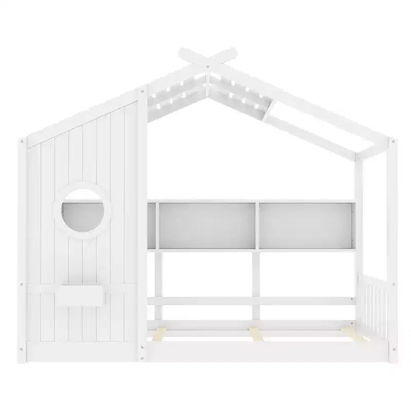 Dětská postel domeček typu Twin/Full, Montessori podlahová postel s úložnou policí – ModernLuxe