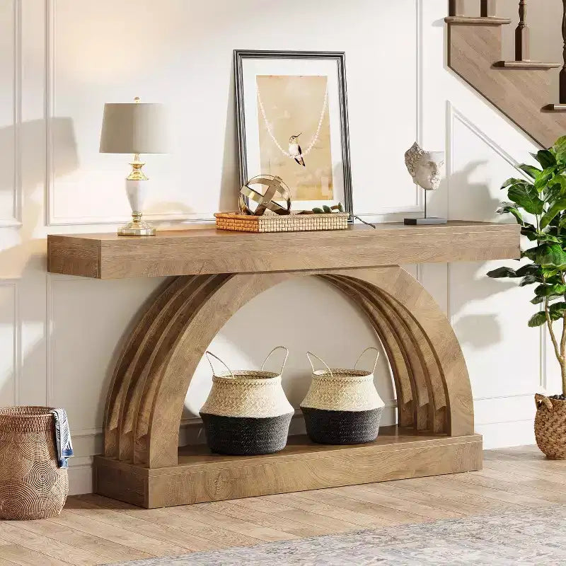 Console d'entrée Lantine de 160 cm, table de canapé à 2 niveaux derrière le canapé, console étroite de style campagne à arche unique pour couloir, salon, vestibule, naturel
