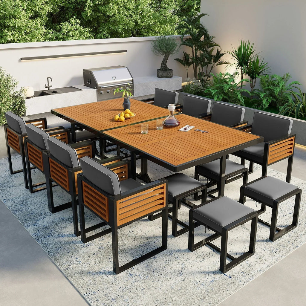 Set da pranzo da esterno in legno di acacia da 18 pezzi, 8 sedie imbottite, 8 pouf e 2 tavoli quadrati