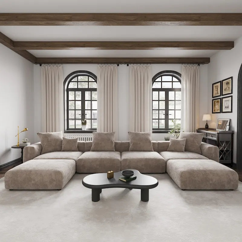 Großes modulares Ecksofa mit Cordbezug, U-förmig, 4-Sitzer, mit 2 Hockern und 5 Kissen