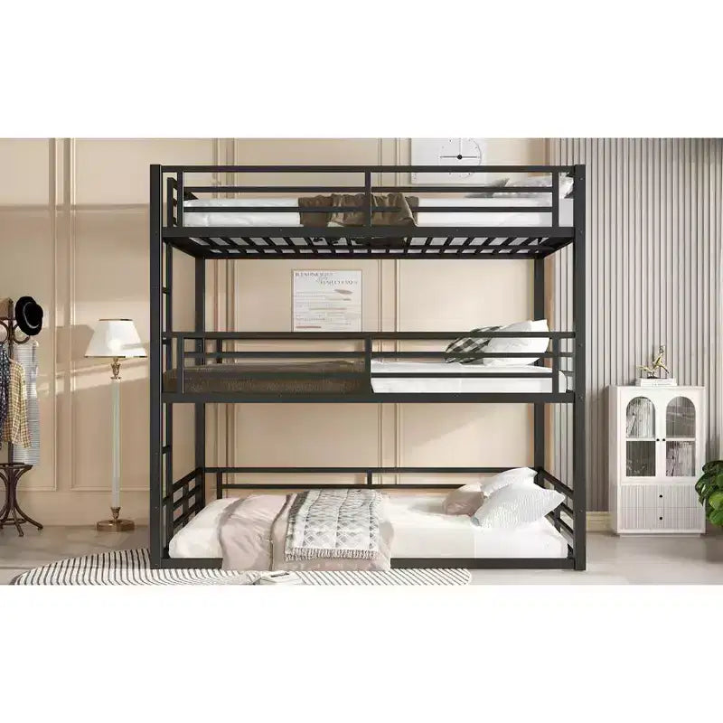 Lit superposé triple avec trois couchages doubles, en métal, avec barrières de sécurité, conception robuste et silencieuse, noir